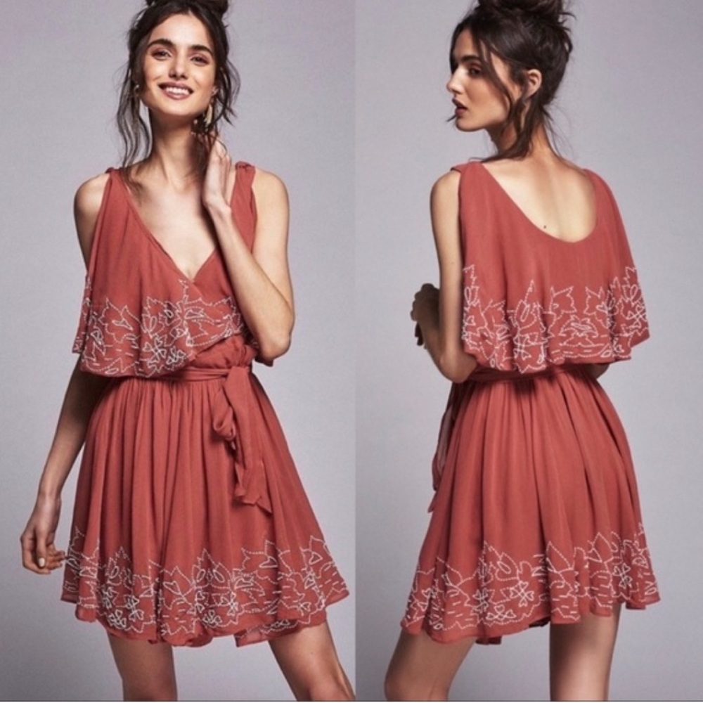 Free People -  Terracotta wrap Dress with White Embroidery